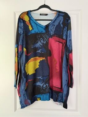 Orage Blue Pink Yellow Abstract V-Neck Sweater
